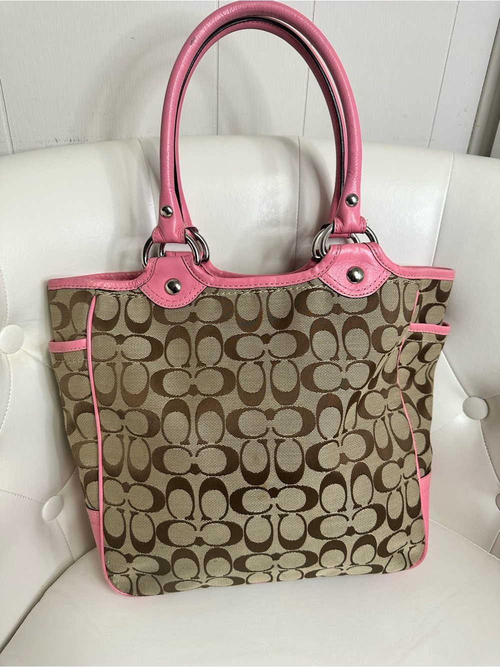 Coach Pink Floral Signature Tote with Green Leaf Accents - Picture 3 of 7